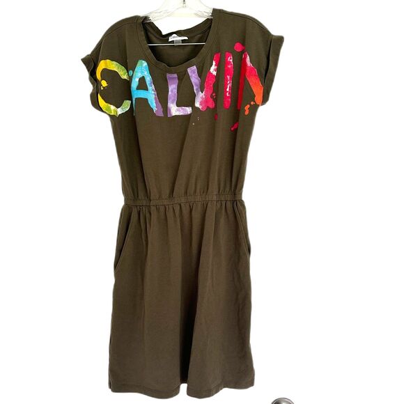 Calvin Klein Rainbow Logo Roll Sleeve Cinched Waist Dress Size M - Picture 1 of 6